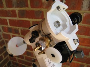 EQ3-2 mount with DEC motor drive fitted; note clutch to disengage and move manually if required  