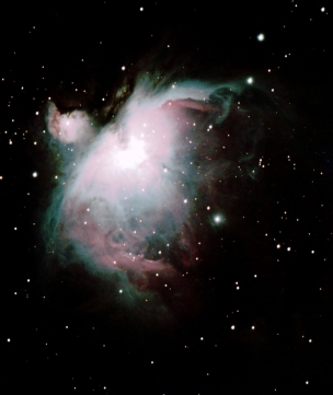 The Orion Nebula October 2014 - the secondary feature in the top left corner is another nebula, M43.  Orientated with equatorial North up and East to the left. Canon 700D unguided | 20 x 90 secs + darks/bias/flats @ ISO 800 