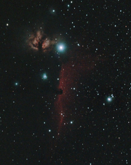 The Horsehead and Flame Nebulae. The Horse is located directly below (south) the large bright star Altinak triple star which forms the eastern end of Orion's belt, about half way down the image, sticking its 'head' into the red curtain nebulosity. The Flame is just to the left (east) of Altinak. WO GT81, Canon 700D + FF | 28 x 90 secs + darks/bias/flats ISO 1,000 | Photoshop processed + Gradient Exterminator  