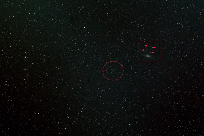 Widefield view of Stephan's Quintet (red circle) and NGC7331 + Deer Lick Group (red box) WO GT81, Canon 700D + FF | 20 x 120 secs + darks/bias/flats @ ISO 1,600 