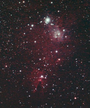 NGC 2264, actual orientation: Cone Nebula at the bottom, Monocerotis 15 at the top with the Fox Fur Nebula to right but not  clear, outline of the main stars and numbla defines the (invered) Chriostmas Tree Cluster WO G T81, Canon 700D + FF | 30 x 120 secs + darks/bias/flats @ ISO 800 