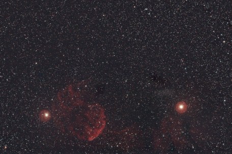 IC 443 The Jellyfish Nebula with Propus to the left and Tejat Prosper to the right after inverting the camera.  As a result much of the considerable interstellar cloud illuminated by interaction with the nebula is outside the  bottom of the image. WO GT81 + Canon 550D + FF | 20 x 180 secs @ ISO 1,600 + calibration | 24th January 2015  