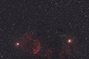 IC 443 The Jellyfish Nebula with Propus to the left and Tejat Prosper to the right after inverting the camera. As a result much of the considerable interstellar cloud illuminated by interaction with the nebula is outside the bottom of the image. WO GT81 + Canon 550D + FF | 20 x 180 secs @ ISO 1,600 + calibration | 24th January 2015 