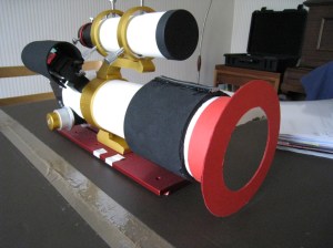 Home-made solar filter on the William Optics GT81.  When used I blocked-off the red dot finder and removed the finder scope in order to attach another home-made Sun finder.   