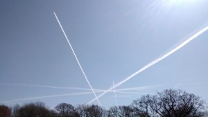 Taken this morning, the contrails over Fairvale Observatory make a striking picture but, together with other pollution are having a significant impact on seeing conditions here at the moment. 