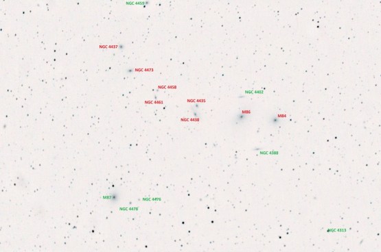 Markarian's Chain (red)  &  some other galaxies (green) inverted. 