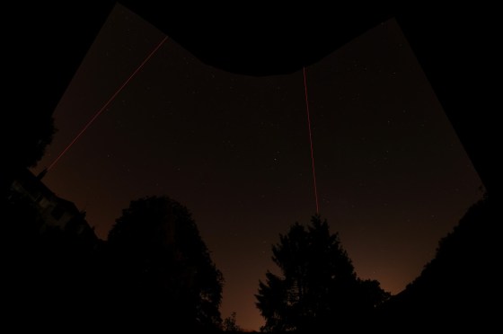 Night sky panorama from Fairvale Observatory + obstacles: the tree on the left is very large +200 year-old copper beech, the coniferous trees  due south are closer to the property boundary - thus increasing their impact   on seeing.  The red line on the left approximately marks the East and the central red line is the Meridian.       