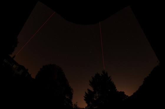 Night sky panorama from Fairvale Observatory + obstacles: the tree on the left is very large +200 year-old copper beech, the coniferous trees  due south are closer to the property boundary - thus increasing their impact   on seeing.  The red line on the left approximately marks the East and the central red line is the Meridian.       