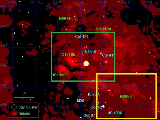 Sadr Region: green rectangle indicates the approximate area of IC 1318 image, yellow rectangle the NGC 6888 Crescent Nebula. image 
