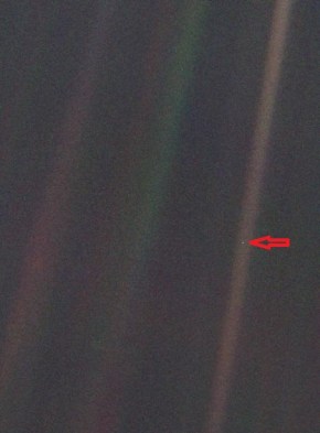 Space selfie - the insignificance of Earth. The Pale Blue Spot photograph of Earth (right side of picture) taken 6 billion kilometers (40.5 AU) away by Voyager-1 on February 14th 1990,