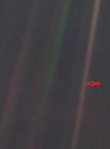Space selfie - the insignificance of Earth. The Pale Blue Spot photograph of Earth (right side of picture) taken 6 billion kilometers (40.5 AU) away by Voyager-1 on February 14th 1990,